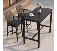 Mendler Ensemble Table de Bar + 2 tabourets de Bar HWC-P91, Chaise de Bar, Table Haute, Coussin d'assise d'extérieur, tressage en Corde, métal - Anthracite