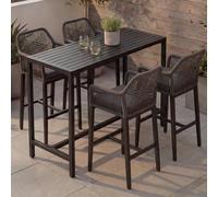Mendler Ensemble Table de Bar + 4 tabourets de Bar HWC-P91, Chaise de Bar, Table Haute, Coussin d'assise d'extérieur, tressage en Corde, métal - Anthracite