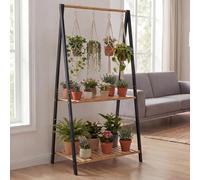 Mendler Étagère à Plantes en Bambou HWC-Q32, étagère en escalier pour Fleurs et Plantes, étagère de Salle de Bain, Tige avec 2 tablettes 130 x 70 x 44 cm - Naturel-Noir