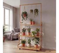 Étagère À Plantes En Bambou Hwc-Q33, Étagère En Escalier Pour Fleurs, Support À Plantes En Escalier, Tige Avec 3 Étagères Et Roulettes, 175 X 93 X 38 Cm Naturel Gris