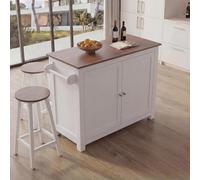 Mendler Îlot de Cuisine HWC-P61 avec 2 tabourets 90x120x45cm Blanc, Bois Clair