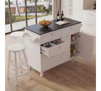 Mendler Îlot de Cuisine HWC-P62 avec 2 tabourets 90x131x47cm Blanc, Aspect marbre Noir