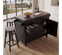 Mendler Îlot de Cuisine HWC-P62 avec 2 tabourets 90x131x47cm Noir, Bois foncé