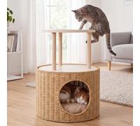 Mendler Lit pour Chat HWC-Q59, Niche pour Chat avec Aire d'escalade et Plate-Forme, Panier/Meuble pour Chat en Bois MVG 50 x 39 x 39 cm - Couleur Naturelle, Coussin Beige