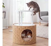 Mendler Lit pour Chat HWC-Q59, Niche pour Chat avec Aire d'escalade et Plate-Forme, Panier/Meuble pour Chat en Bois MVG 50 x 39 x 39 cm - Blanc, Coussin Beige
