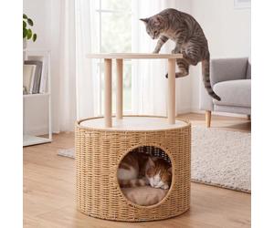 Mendler Lit pour Chat HWC-Q59, Niche pour Chat avec Aire d'escalade et Plate-Forme, Panier/Meuble pour Chat en Bois MVG 50 x 39 x 39 cm - Couleur Naturelle, Coussin Beige