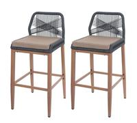 Lot De 2 Tabourets De Bar Rope Hwc-O21, Coussins D'extérieur En Corde Tressée Métal Aspect Bois Anthracite, Coussin Taupe Gris