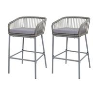 Lot de 2 tabourets de Bar Rope HWC-O22, Tabouret de Bar, Outdoor Assise rembourrée Corde tressée métal - Gris Clair, Coussin Gris Clair