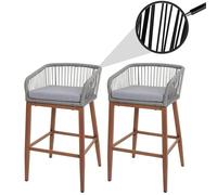 Mendler Lot de 2 tabourets de Bar Rope HWC-O22, Coussins d'extérieur en Corde tressée métal Aspect Bois - Gris Clair, Coussins Gris Clair