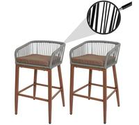 lot de 2 tabourets de bar Rope HWC-O22, coussins d'extérieur en corde tressée métal aspect bois ~ gris clair, coussin taupe