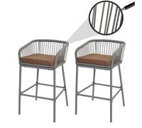 lot de 2 tabourets de bar Rope HWC-O22, tabouret de bar, Outdoor assise rembourrée corde tressée métal ~ gris clair, coussin taupe