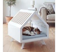 Mendler Niche HWC-Q65, pour Animaux de Compagnie - Panier pour Chat/Chien, Maison pour Animaux en Bois MVG 58 x 50 x 60 cm - Blanche, Coussin Gris