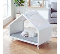 Mendler Niche HWC-Q65, pour Animaux de Compagnie - Panier pour Chat/Chien, Maison pour Animaux en Bois MVG 80 x 100 x 60 cm - Blanc, Coussin Gris