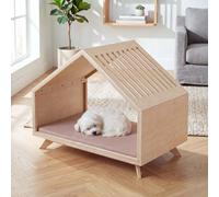 Mendler Niche HWC-Q65, pour Animaux de Compagnie - Panier pour Chat/Chien, Maison pour Animaux en Bois MVG 80 x 100 x 60 cm - Couleur Naturelle, Coussin Beige