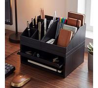 Organiseur de bureau HWC-Q74, système de rangement 3 pièces : tiroir, plateau de bureau, porte-crayons, 29 x 35 x 26 cm noir