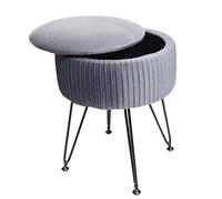 Pouf Hwc-K47 Compartiment De Rangement Ø 33cm Aspect Velours Gris Clairs Piètement Noir Gris