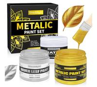 MendMight Gold & Silber Lot de peintures acryliques métallisées pour métal 450 ml (3 x 150 ml) vernis doré, argenté et peinture à l'eau, peinture acrylique doré métallisé pour art, travaux manuels