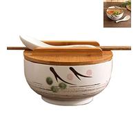 Meng Wei Shop Céramique Bol De Ramen Japonais avec Couvercle - Grand Bol De Soupe et Riz pour Restaurant Chinois avec Cuillère, Baguettes (Blanc, Taille A)