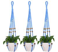 MENG ZHI AO Lot de 3 pots de fleurs en macramé de 89,9 cm - Sans pompons - Panier décoratif à suspendre avec perles en bois pour intérieur et extérieur (bleu)