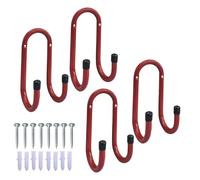 MENG ZHI AO Lot de 4 crochets muraux en métal robuste pour rangement de garage - Crochets doubles pour outils, rallonges, échelles et vélos - Crochets en J pour intérieur et extérieur (rouge)