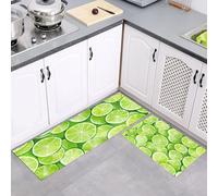 MENGCH 2 pièces Tapis Cuisine, 40x60cm+40x120cm Lavable Tapis de Cuisine avec Autocollants Antidérapants, Paillasson de Bain Tranches De Citron Vert, Cuisinette Anti-Fatigue au Design Fruits, W