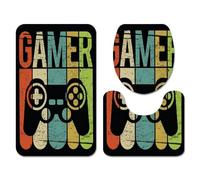 MENGCH Ensemble Tapis de Bain 3 Set Motif Gamepad Level Up Player Gaming WC en Forme de U Tapis Contour Tapis de Salle Antidérapant de Doux et Confortable Lavable (Couleur 5, 50×80 cm 3PCS), W