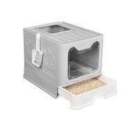 MENGDA Bac à Litière Pliable pour Chat, avec Bac de Tiroir et Pelle 41L x 51W x 48H cm (Gris)