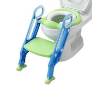MENGDA Siège de Toilette pour Enfants, Reducteur Toilette Enfant, 2 en 1 Rehausseur Toilette Enfant, Tabouret d'escalier, Capacité de charge 75kg (Avec Escalier, Bleu + Vert)