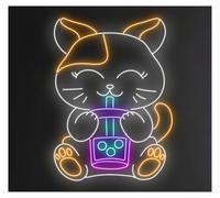 MENGE Lampe de signalisation Chat Boit Du Thé Boba, Panneau Néon LED Pour Chambre D'enfant, Décoration Murale, Salle De Jeux, À Coucher, Bar, Salon 70cm