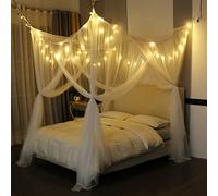 Mengersi Ciel de lit avec lumières pour lit double, grand lit et très grand lit, rideaux de lit à 4 coins pour lit, rideaux de lit, accessoires de décoration élégants pour chambre à coucher (blanc +