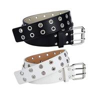 MengH-SHOP Ceinture à Double Œillet en Cuir PU Punk à 2 Trous Double Prong Boucle Unisexe pour Femmes et Hommes 2 Pièces (Noir et Blanc)