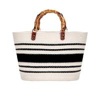 MengH-SHOP Tote Bag Summer Sac de Plage pour Femmes Grand Sac à Main Hand-Woven avec Top-Handle Sacs de Courses pour Voyage Date Vacances, Blanc & Noir