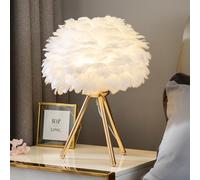 Mengjay Lampe de table en plumes,E27 Lampe de chevet avec abat-jour de bureau en plumes à Base Dorée à Trois Pieds,Veilleuse Éclairage De Table Pour Salon Chambre Décoration De La Maison (A)