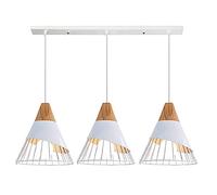 Mengjay Lustre Moderne Simple, 25CM Suspension Luminaire Créatif Forme de Cône Cage Vintage Lampe E27 Fer et Bois Plafonnier Abat-jour Métal Chambre Salle à Manger Cuisine Salon Couloir (Blanc)