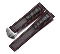 MENGKEG Bracelet De Montre En Cuir Véritable Givré Compatible Avec Tag Heuer Carrera Plongée Monaco F1 Series Chaîne De Montre Respirante 22 Mm Bracelet De Montre For Homme(Black red-silver)