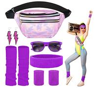 MengQiLe Déguisement Année 80 Accessoire Femme, Années 80 Ensemble avec Sac Banane, Jambières, Bandeau, Bracelets, Boucles d'oreilles et Lunettes pour Années 80s 90s Disco Costume