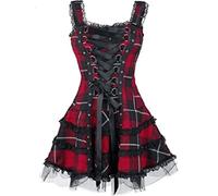 MENGQING Bandage à carreaux vintage gothique pour femmes Robe trapèze Grunge Esthétique Bordure en dentelle Patchwork Mini robe Punk Sexy Rouge L