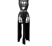 MENGQING Ensemble de jupes d'été sexy rétro gothique pour femme sans manches corset noir crop top bandage sous-pantalon jupe fendue en maille ensemble 3 pièces - noir, S