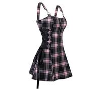 MENGQING Robe à lacets à carreaux avec demi-fermeture éclair punk à sangles à boucle A-Line Robes pour femmes - Rose clair 9801, L