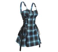 MENGQING Robe à lacets à carreaux demi-fermeture éclair punk avec sangles à boucle A Line Robes pour femmes - Bleu 9801, M