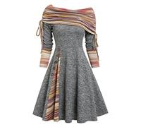 MENGQING Robe évasée cintrée à rayures convertible, robes tricotées à épaules dénudées pour femmes, manches longues, gris clair 0501, S