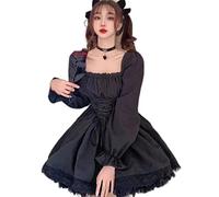 MENGQING Robe Lolita blanche mignonne vintage manches longues col carré mini robe noire gothique bandage dentelle patchwork japonais robe douce - noir, S
