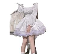 MENGQING Robe Lolita blanche mignonne vintage manches longues col carré mini robe noire gothique bandage dentelle patchwork japonais robe douce - blanc, L