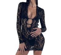 MENGQING Robe moulante noire en dentelle florale en maille pour femme - Manches longues et col en V profond - Noir - S