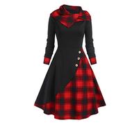 MENGQING Robe vintage pour femmes à capuche à carreaux avec boutons imitation chevauchement, robe midi gothique, punk, manches longues, robe de fête sexy décontractée Harajuku-noir, L