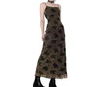 MENGQING Vintage Mall Robe midi gothique à imprimé floral pour femmes rétro Y2k Grunge Mesh d'été longue robe mince noire, S