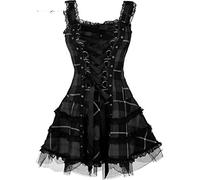 MENGQING Vintage Plaid Bandage Gothique Femme Robe Trapèze Grunge Esthétique Dentelle Garniture Patchwork Mini Robe Punk Sexy Noir L