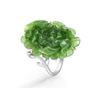 Mengsiy Bague en jade avec feuilles de lotus vertes, bague en argent sterling S925, bijoux en jade sculptés à la main, bague en pierre précieuse émeraude pour femmes