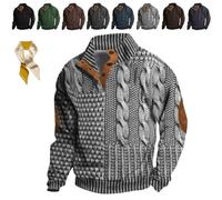 MENGYSM Whitecloths Life Clothing Men,Men's Vintage Knit Print Zip Up Sweatshirt,Casual Long Sleeve Stand Collar Button Pullover