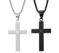 Menibeuty 2Pcs Collier Homme Pendentif Croix, Collier Croix Chretienne Homme, Colliers Croixs Chretienne, Pendentifs en Forme de Croixs avec Chaîne en Acier Titane de 3mm Large 60 cm(Argent Et Noir)
